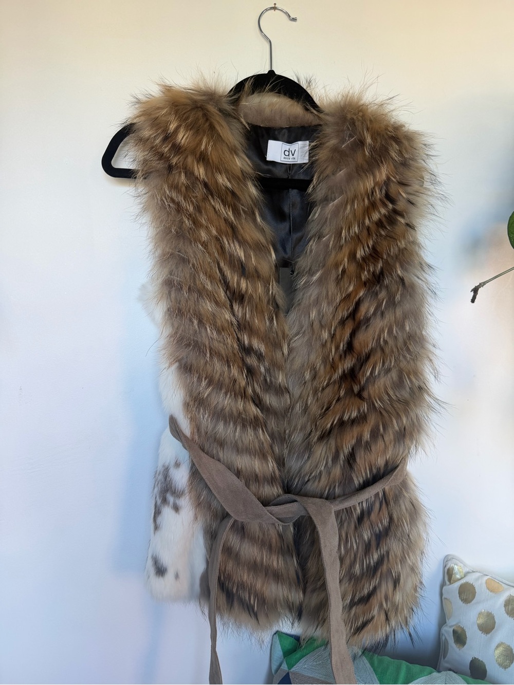 Real Raccoon Fur Vest with suede tie